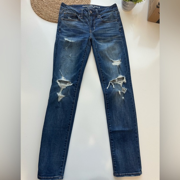 American Eagle Womens Skinny Jeans Size 2 Regular Distressed Denim Blue - Picture 3 of 11